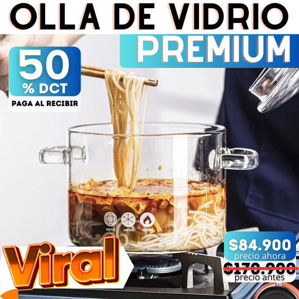 Olla de vidrio con tapa 1500 ml fuego directo|| PREMIUMGLASS™